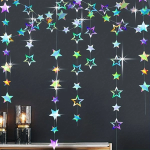 Hollow Star Garland Laser Holographic Paper Hanging Decorations Reflective Five Pointed Stars Birthday Party Wedding Ornament