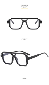 Macro detail of black polygon double bridge eyeglass frame from front and side angles