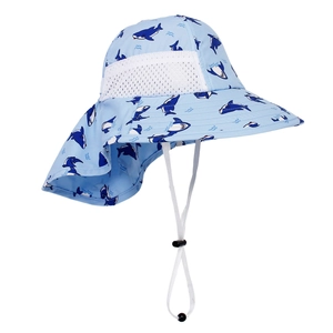 Detailed view of light blue shark print kids sun hat with neck flap and mesh vents