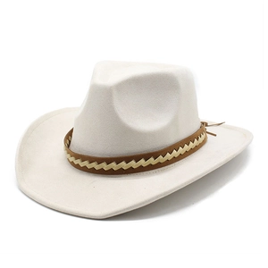 Classic cream wide brim western cowboy hat with brown braided band and flat top crown