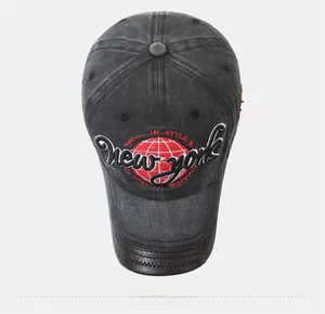 Top view of New York embroidered baseball cap with washed fabric and leather visor