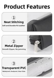 Detailed view of clear PVC window and sturdy stitching on waterproof PU travel pouch