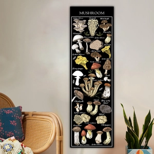 Vertical mushroom scientific illustration wall hanging poster in a cozy living room setting
