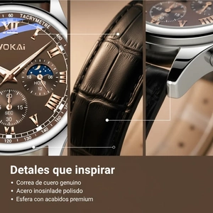 Mens business quartz watch with brown dial, leather strap and stainless steel case details