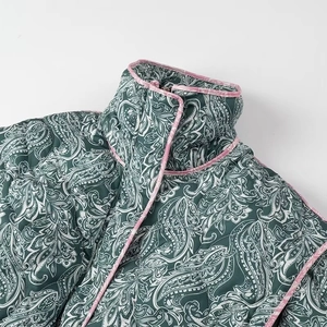 Green paisley quilted jacket with pink trim and detachable scarf detail for women