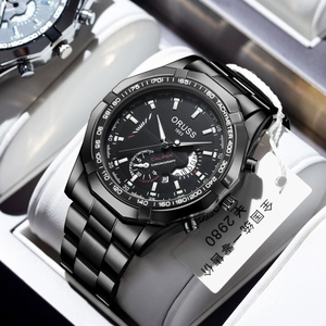 All-black stainless steel chronograph watch with date display on white cushion