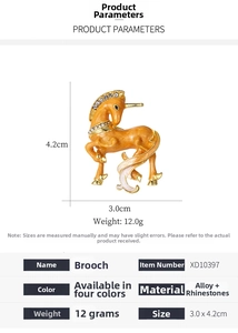 Detailed size view of orange unicorn enamel brooch with rhinestones and golden alloy base
