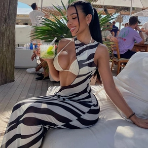 Zebra print sheer mesh maxi dress with waist cut-outs and halter neck for summer wear