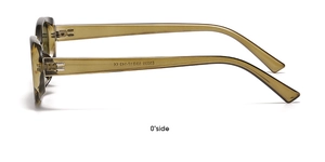 Detailed side view of amber oval sunglasses with temple measurements and CE mark