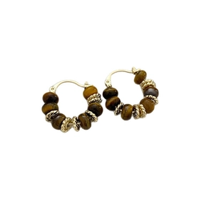 Vintage geometric tiger eye gold hoop earrings with brown beads on white background