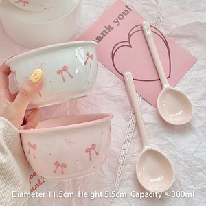 Ceramic Bowl Cute Bow Pattern Underglaze Rice Tableware Salad Dessert Soup Bowl Creamy Ins Style For Students Couples