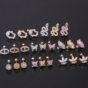 Variety of 20G stainless steel stud earrings with cubic zirconia and screw ball backs