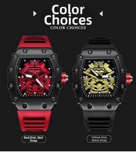 Close-up of tonneau sport watches featuring samurai dial design in red and gold variants