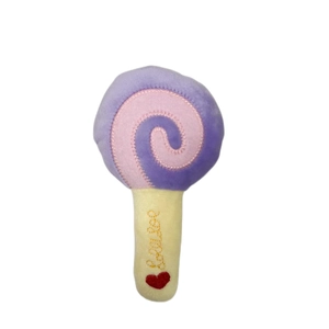 Lollipop shaped plush squeaky dog toy with purple spiral top and Love embroidery