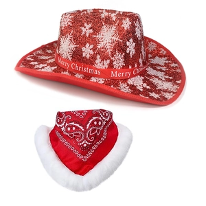 Close-up of red sequined Christmas cowboy hat and scarf with white snowflake patterns