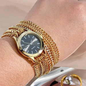 Women Bracelet Watch Layered Metal Chain Strap Vintage Style Round Dial Alloy Case Exquisite Quartz Wristwatch Decorative