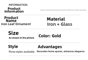 Detailed specifications table for gold metal leaf ornaments with crystal glass ball accents