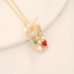 Gold pendant necklace featuring a drink cup design with colorful zircon and pearl accents