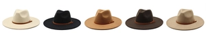 Five assorted colors of wide brim wool fedora hats with leather bands in a row
