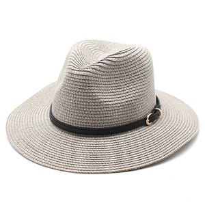 Beige woven straw fedora hat with narrow black leather band and gold buckle