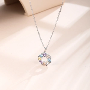 Elegant 925 sterling silver necklace with a circular rainbow zircon pendant for women