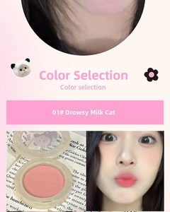 Detailed view of matte pink monochromatic blush in 01 Sleepy Kitty on model face