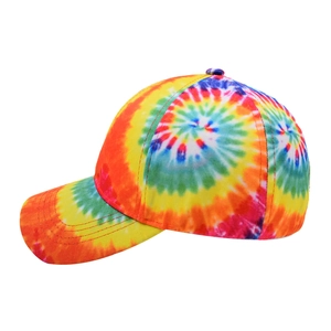 Detailed view of multi-color tie-dye pattern on six-panel cotton canvas baseball cap