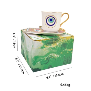Detailed view of Turkish coffee cup set with blue evil eye design and dimensions
