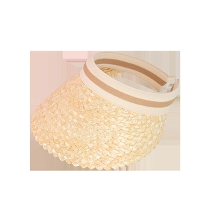Beige wide brim straw sun visor for women with striped elastic band and jagged edge