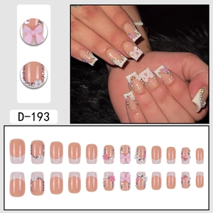 French tip press-on nails with 3D bows, floral carving and rhinestones, 24pc set
