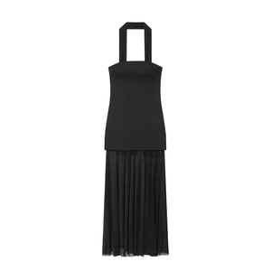 Halterneck-Maxikleid Ärmellos Plissiertes Mesh-Patchwork Elegant Sexy Socialite Schwarz Für Damen Langes Kleid