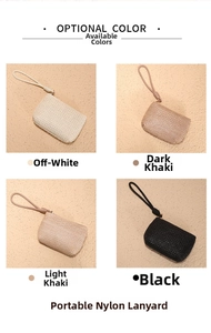 Detail view of woven straw coin purses in four colors with matching nylon wrist straps