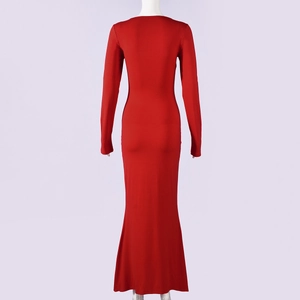 Rear view of the vibrant red bodycon maxi dress showing long sleeves and sleek high-stretch fit