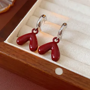 Vintage Red Heart Enamel Drop Oil Earrings With Silver Earring Post Simple Elegant Retro Chic Style Jewelry For Women