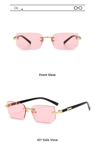 Front and side views of rimless rectangle sunglasses with pink lenses and gold hardware