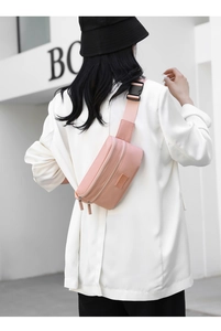 Pink waterproof oxford fanny pack with multi-layer zipper pockets and adjustable buckle