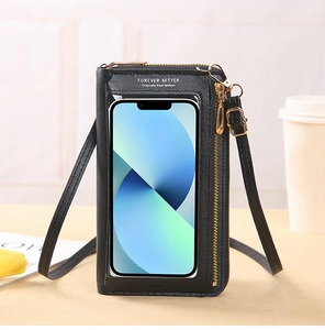 Close-up of black PU leather phone bag with transparent touchscreen window and gold zipper