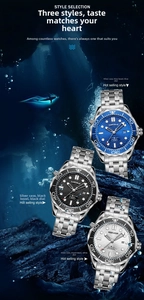 Detailed view of quartz diver watches with stainless steel bands in three color variations