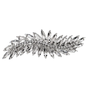 Elegant leaf pattern hair clip with rhinestones and marquise crystals on silver metal