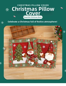 Detail of Christmas pillowcases with 3D Santa and snowman applique on wooden surface