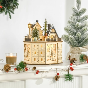 Illuminated wooden Christmas advent calendar with musical village scene and 24 drawers