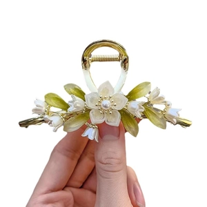 Elegant gold flower hair claw clip with white lily of the valley and pearl accents