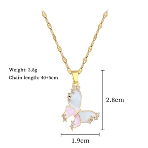Detailed specs of pink butterfly pendant necklace with crystal inlay and dimensions