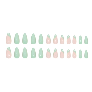 Unghie finte a mandorla verde chiaro e rosa nude con punte French glitterate lucide