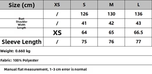 Detailed size chart for faux leather bomber jacket with bust and length measurements