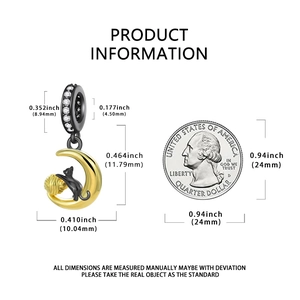Detailed dimension guide for black cat and moon charm with US quarter size reference