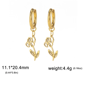 Detailed view of gold floral hoop earrings with dimensions 11.1 by 20.4 mm