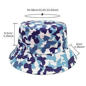 Blue camouflage bucket hat with 56-58cm head circumference and reinforced brim detail