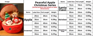 Size chart for Christmas plush toys showing apple, santa, and snowman specifications
