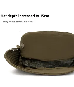 Detail view of military green sun hat featuring breathable metal vents and 15cm deep crown